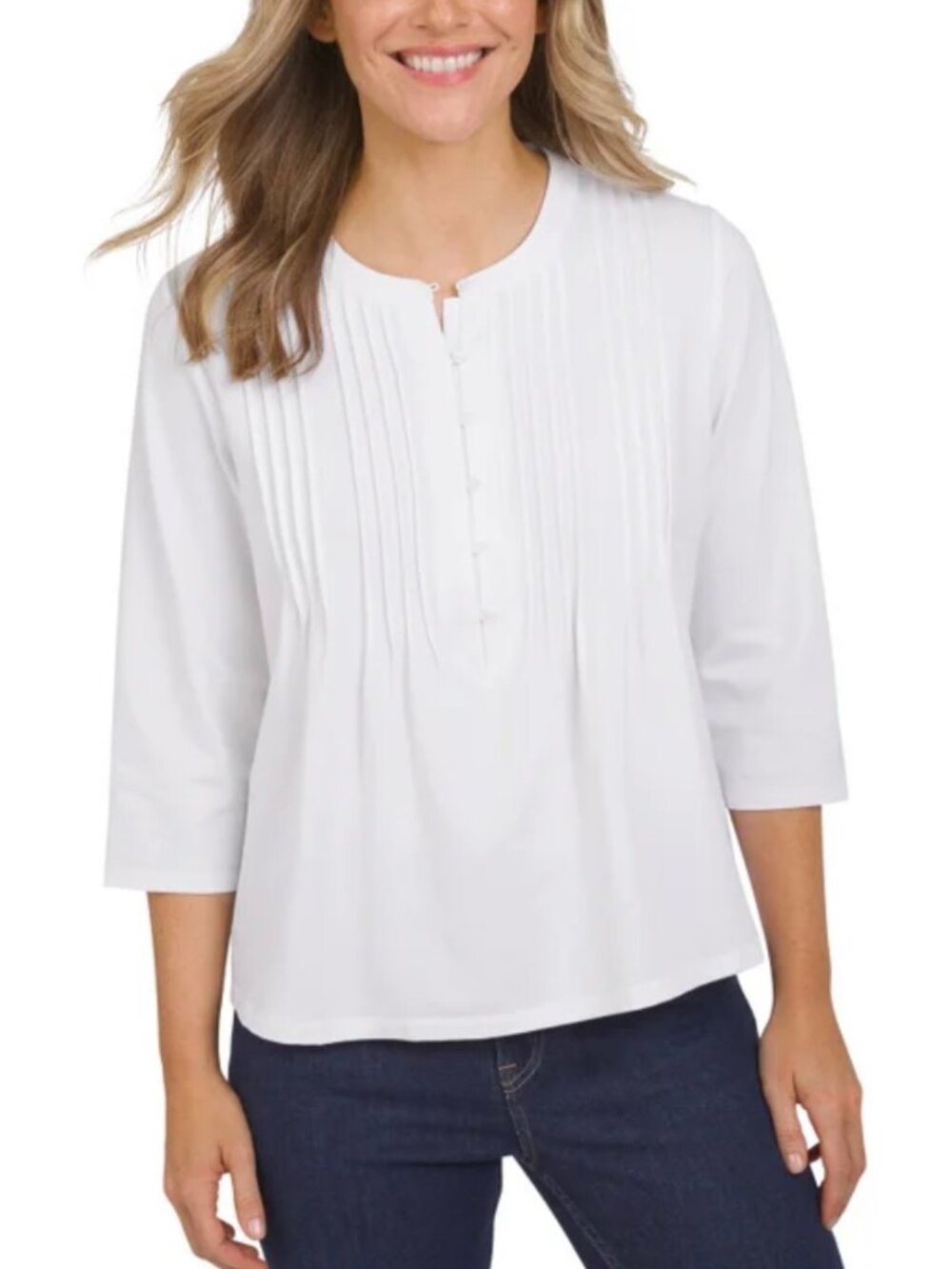 Lands' End Women's Pintuck 3/4 Sleeve Top White